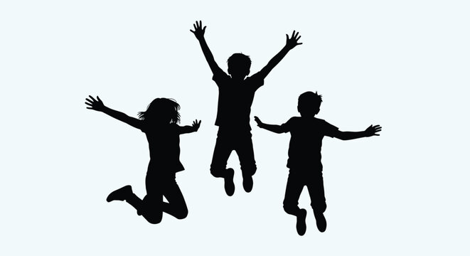 Silhouettes of happy jumping kids, joyful children, playful black icons, EPS vector graphics
