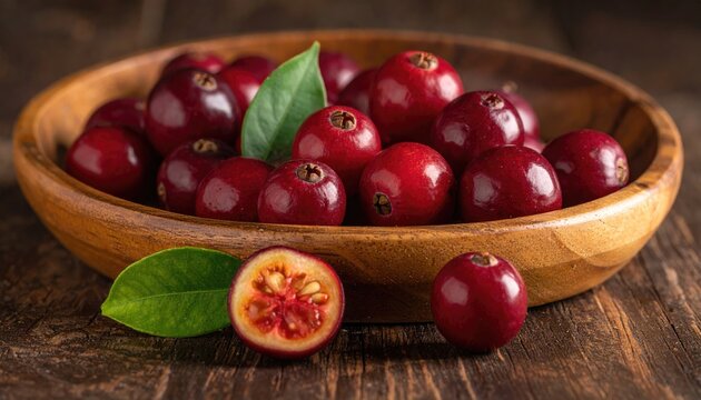 Close-up of vibrant Eugenia aggregata fruits in wooden bowl showcasing natural color and texture against rustic backdrop for healthy eating concepts