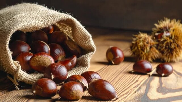Freshly Harvested Chestnuts Spilling from Burlap Sack on Rustic Wood