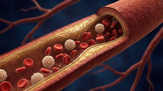 Cross-section of artery with red blood cells and cholesterol