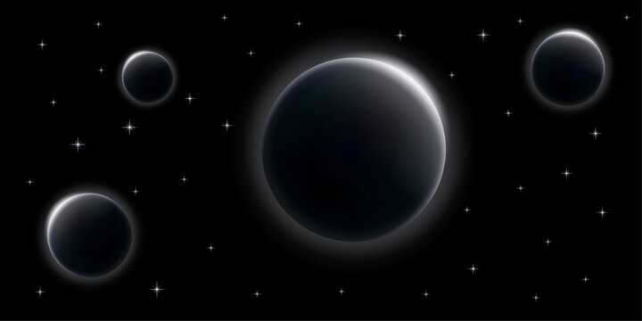 Monochromatic space background with glowing white planets and bright stars in dark universe vector illustration