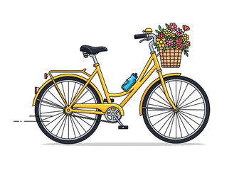 Fototapeta premium Yellow vintage bicycle vector illustration with a front basket full of colorful flowers and a water bottle