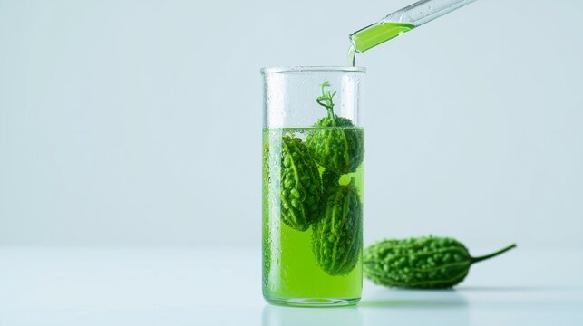 Fresh green Momordica charantia (bitter melon) juice in a glass, free space for text