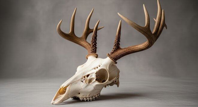 Buck Deer Skull Antlers Against Textured Gray Background Studio Shot Close Up