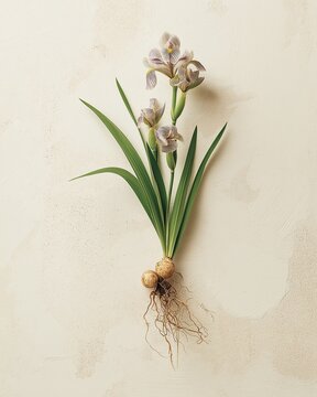 Iris pallida plant with pale lavender flowers and exposed orris root