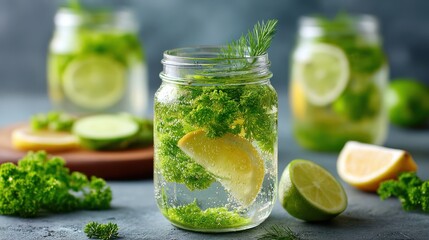 Fototapeta premium Detox water with tropical fruits and bright aesthetic summer vibe