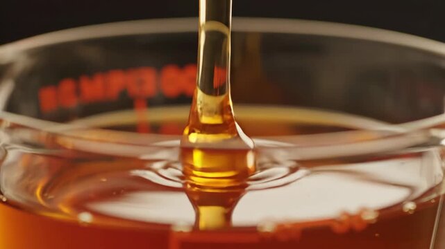 Honey flows from a spoon into a measuring cup while showing varying thickness and texture. Each stage is carefully displayed
