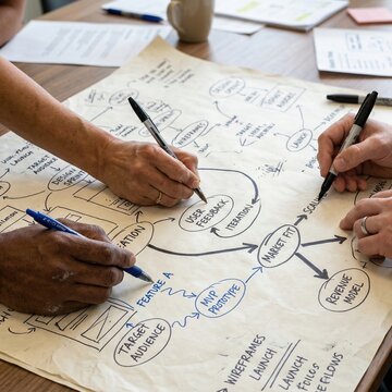 Hands of diverse individuals collaborating on a brainstorming session, writing on a large paper with diagrams and notes about product development and market strategies
