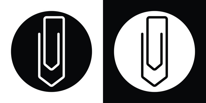 Vertical paperclip icon inside a solid circle. Modern button design for email attachments and file management. High-contrast black and white vector symbol for web and mobile application UI.