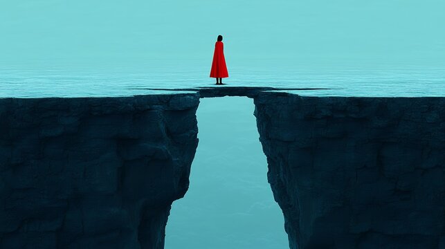 Solitary Figure in Red Dress on a Bridge Over a Chasm