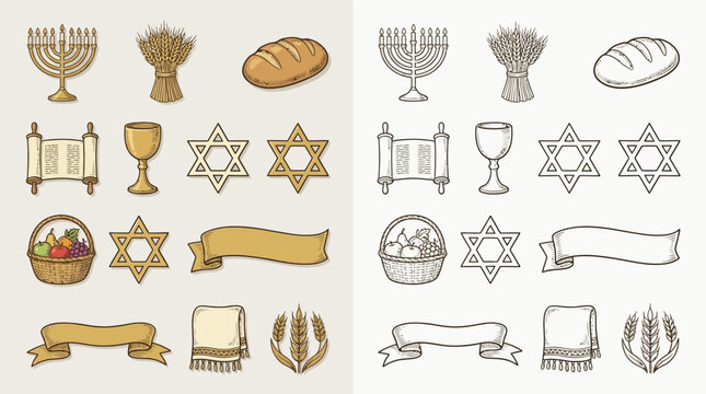 Collection of Jewish religious symbols and elements, including a menorah, Torah scroll, Star of David, and challah bread.