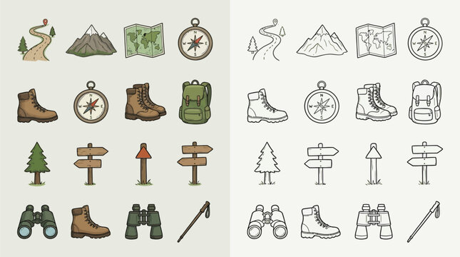 Collection of colorful and outline icons representing hiking and outdoor adventure gear and symbols.
