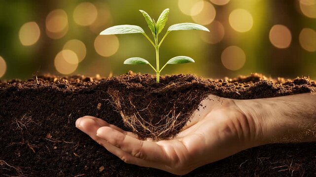 Hand holding a young plant with roots in soil, symbolizing growth and new beginnings.