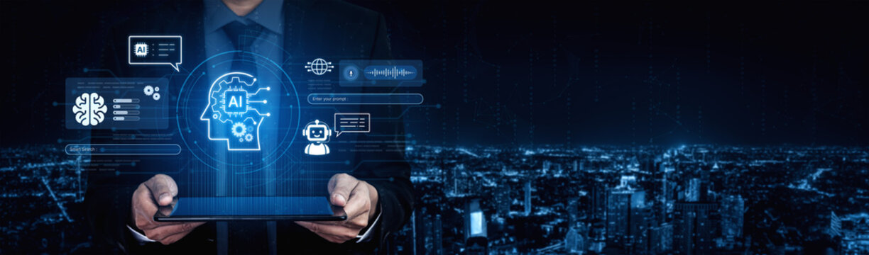 Advanced AI cognitive computing concept with human brain and AI gear integration, featuring smart AI search and interactive virtual AI assistant interface for business intelligence. Corpus