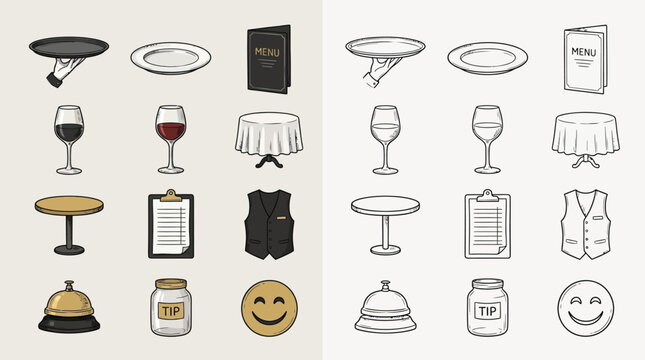 Collection of restaurant service icons, including trays, plates, glasses, tables, menus, vests, and tip jars.