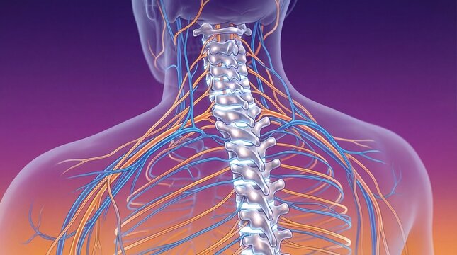 Human spine and nervous system with colorful nerves and vertebrae illustration