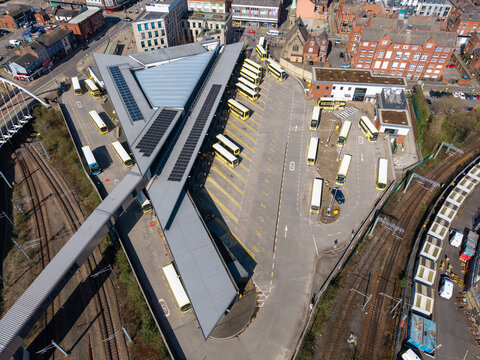 BOLTON, GREATER MANCHESTER, ENGLAND - MARCH 18, 2026: Aerial view of Bolton Interchange, the modern bus and rail transport hub on Great Moor Street