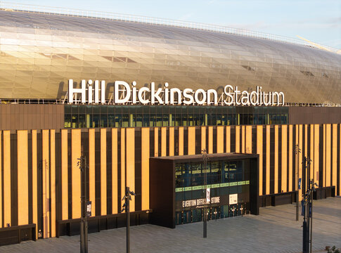 LIVERPOOL, MERSEYSIDE, ENGLAND - MARCH 18, 2026: Close up of the entrance lettering and signage at Hill Dickinson Stadium, home of Everton FC, at Bramley-Moore Dock, Liverpool