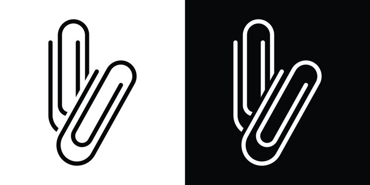 Vector line icon of two overlapping paperclips. Minimalist office supplies symbol in black and white versions. Professional attachment, document organization, and stationery tool graphic.