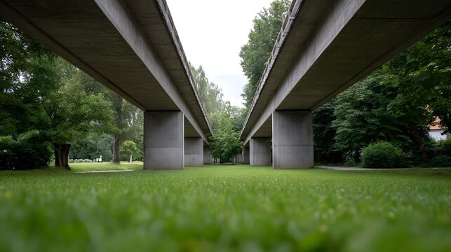 Serene low angle perspective of parallel concrete overpasses elevated above a lush green park lawn under an overcast sky