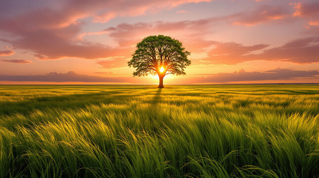 Background of a single tree in a wide expanse of grass with a beautiful sunset behind it.