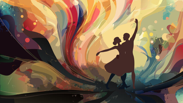 A couple dancing together in a colorful abstract background
