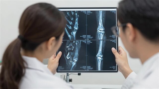 Medical Professionals Analyzing X-Ray Imaging of a Patient's Knee and Joint Health