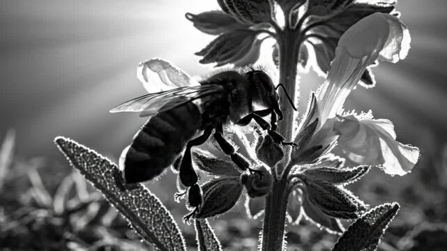 Black and white close up of a bee pollinating a flower, backlit by the sun, showcasing nature's beauty