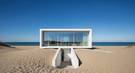 Obraz premium Modern White Beach House with Glass Facade and Subterranean Entrance on Sandy Shore