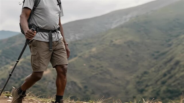 Elderly Man Hiking in Scenic Mountains with Walking Stick and Backpack