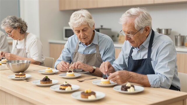 Seniors Preparing Desserts Together in a Cooking Class