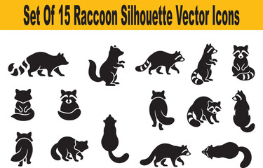Set Of 15 Raccoon Silhouette Vector Icons For Wildlife And Forest Design © Md Biplob Khan