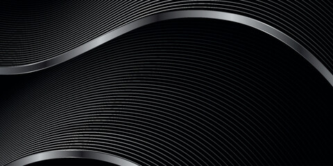 Naklejka premium Black abstract background with modern and futuristic metallic wave lines decoration. Shiny silver line design for covers, banners, websites, brochures, cards, and flyers. EPS. 4