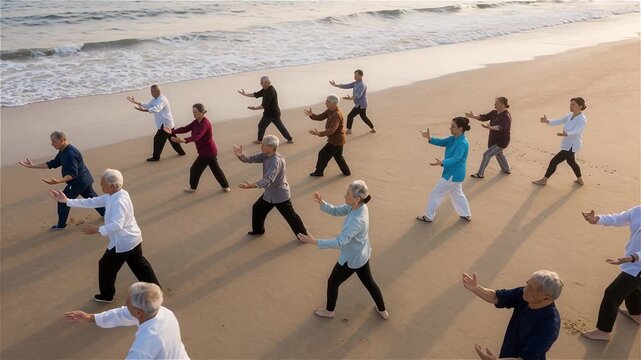 Group of People Practicing Tai Chi on the Beach at Sunset