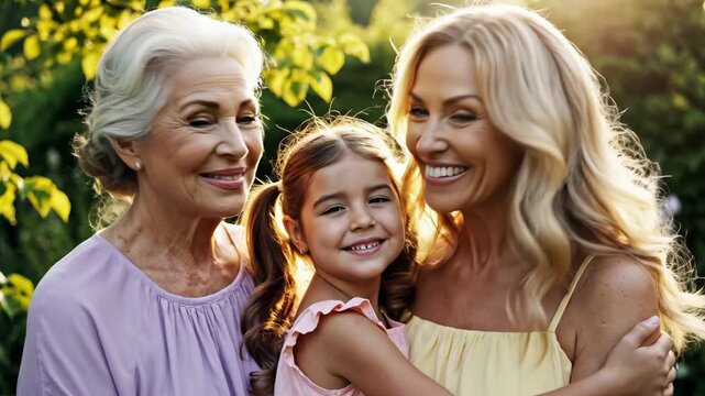 Three generations of women embracing outdoors