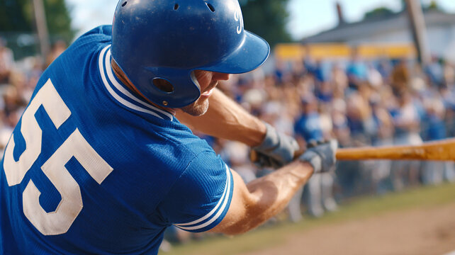 In the image, a baseball player in a blue uniform with the number 55 on his back swings a bat. There are blurred viewers in the background.
