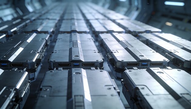 Blue control pulse starting modules sliding on rails, connector bays opening for storage alignment