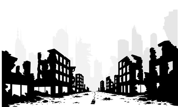 Grunge silhouette of a war-torn city street flanked by crumbling ruins and rubble, depicting post-apocalyptic urban destruction, disaster aftermath