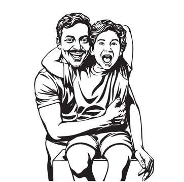 Father and son enjoying together black and white vector Stencil art