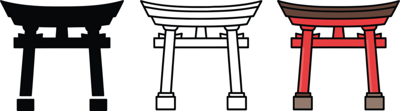 Temple gate three torii or gate red and dark brown, traditional Japanese shrine entrance
