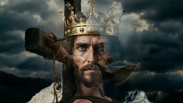 Jesus Christ wearing crown on cross. Man as religious savior with nailed hand. Biblical scene of crucifixion, gospel narrative, redemption, spiritual concept.
