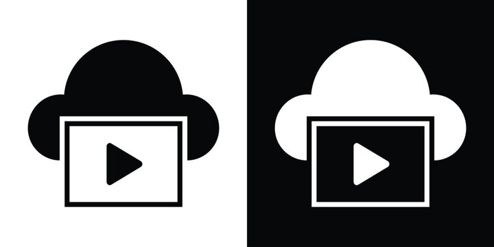 Vector illustration of a cloud icon combined with a video play button. Represents cloud-based media streaming, digital entertainment, online video storage, and modern content delivery services.