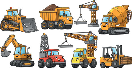 Construction Vehicles Vector Set with Bulldozer, Dump Truck, Crane, Excavator, Cement Mixer, and Forklift for Building and Infrastructure Design © Jisan