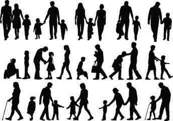 Fototapeta premium Family generations walking, playing, guiding, comforting, bonding silhouette illustration, flat vector
