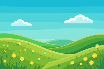 Obraz premium Vibrant cartoon landscape showing rolling green grassy hills with bright dandelion flowers under a sunny blue sky with fluffy white clouds, a peaceful nature meadow background for travel and spring de