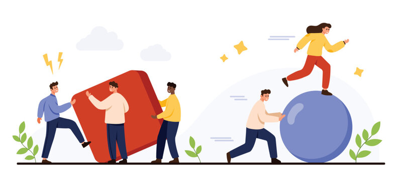 Business people demonstrate efficient and inefficient strategy concepts with teamwork problem solving and creative thinking for productivity and success isolated on white background vector