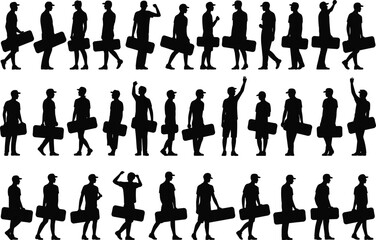 Musician silhouettes walking carrying instrument case gesture motion icons flat vector © Samiul