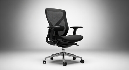 Fototapeta premium An executive black leather office armchair with a contemporary design features a comfortable seat and wheels, perfect for a luxury business interior isolated on a 3d background