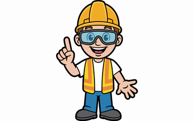 Fototapeta premium Friendly young construction worker wearing a yellow hard hat and protective safety goggles pointing a finger up as an idea gesture, cartoon illustration of a builder in a reflective vest for labor saf