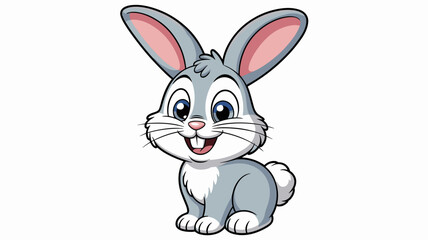 Fototapeta premium Cute gray bunny rabbit cartoon character sitting playfully with happy expression big ears fluffy tail isolated on white background perfect for children easter posters greeting cards nursery decor vect